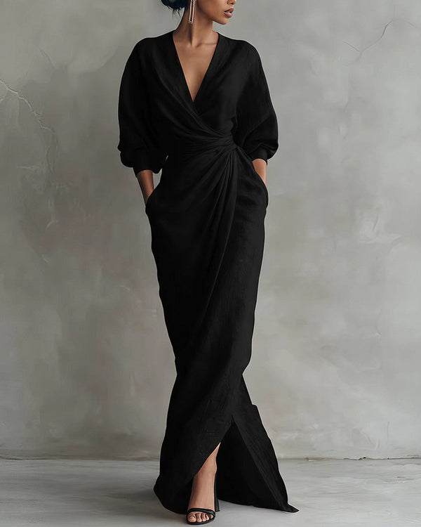 Curvvvy™ Elegant Deep V-Neck Draped Wrap Maxi Dress With Waist Tie