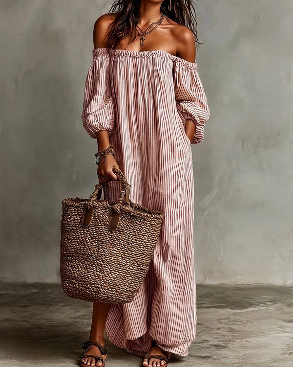 Curvvvy™ Striped Off-Shoulder Linen Resort Maxi Dress