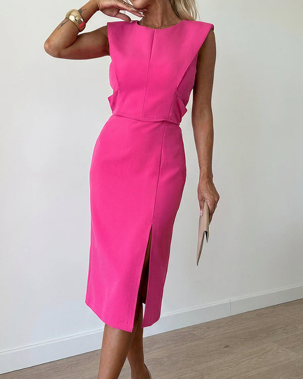 Curvvvy™ Elegant Sleeveless Slit Tailored Bodycon Fit Midi Dress