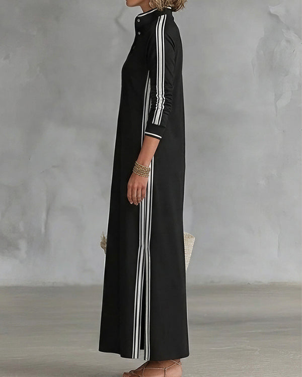 Curvvvy™ Sporty Chic Button Collar Maxi Dress with Side Stripes