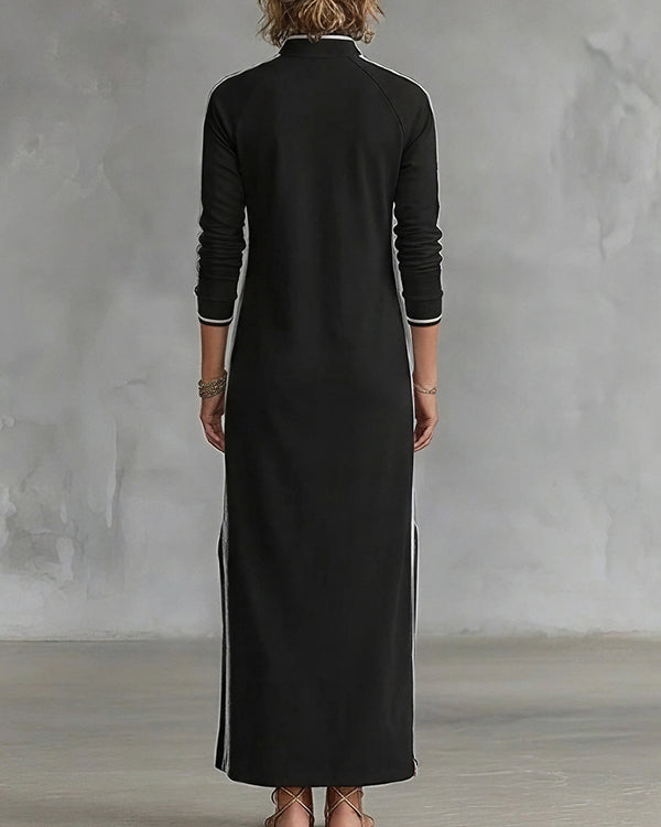 Curvvvy™ Sporty Chic Button Collar Maxi Dress with Side Stripes