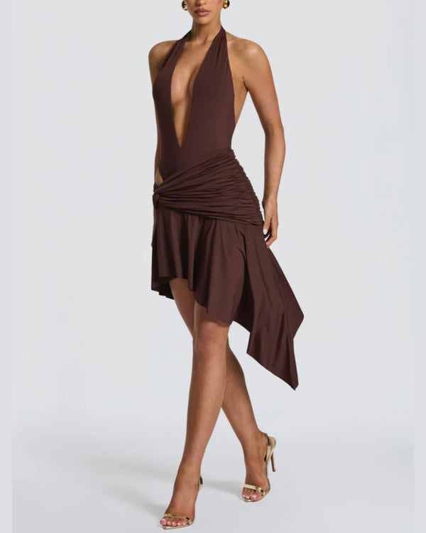 Curvvvy™ V Halter Twist Asymmetric Mini Dress