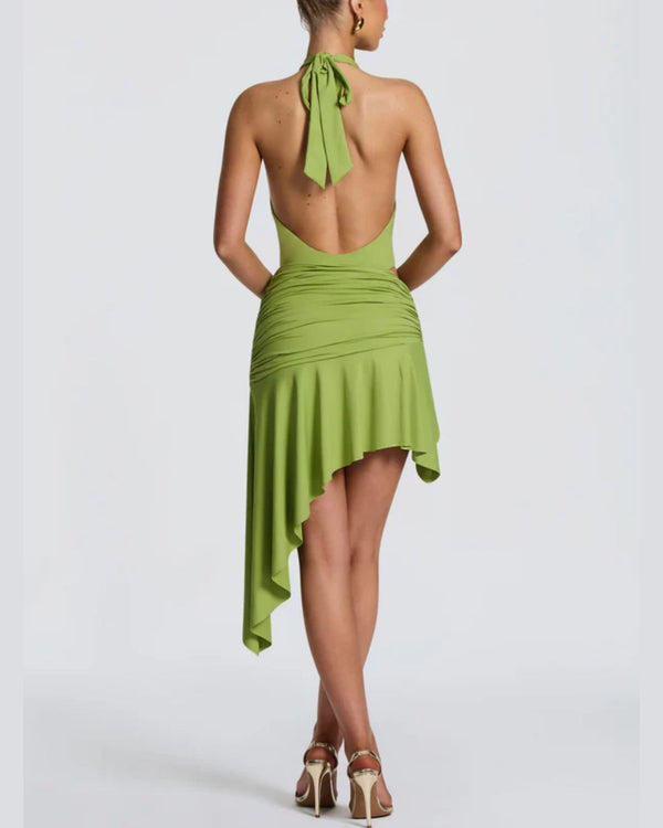 Curvvvy™ V Halter Twist Asymmetric Mini Dress