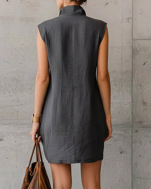 Curvvvy™ Sleeveless Stand Collar Button-Down Shirt Dress With Pockets