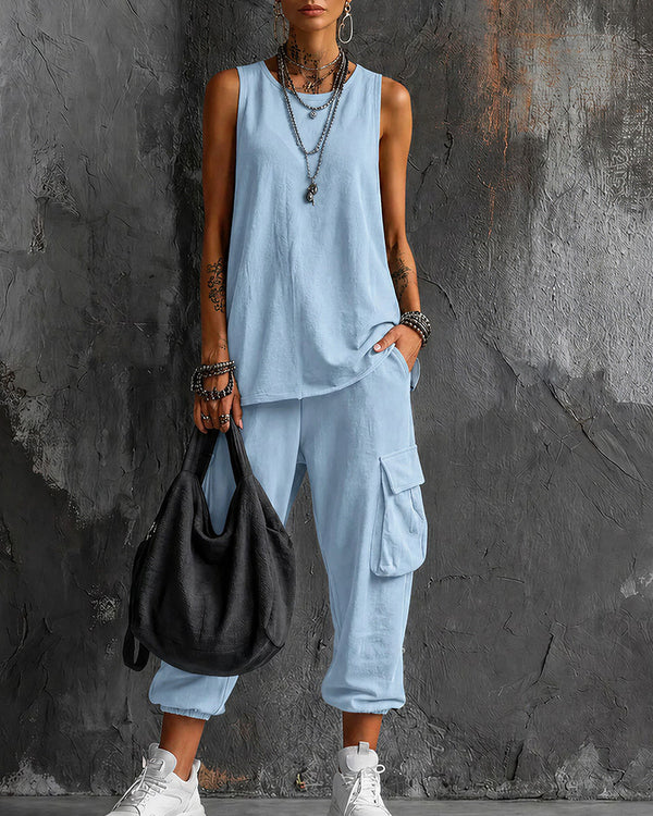 Curvvvy™ Casual Sleeveless Tank and Cargo Jogger Two-Piece Set