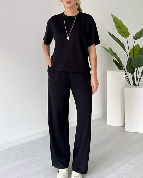 Curvvvy™ Casual 2-Piece Lounge Set - Short Sleeve Top & Wide Leg Pants