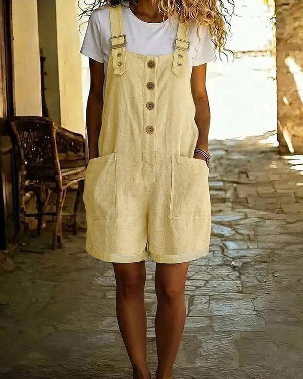Curvvvy™ Vintage Cotton Linen Short Overalls With Pockets