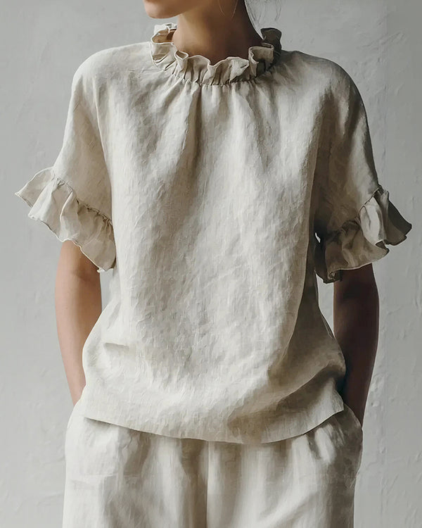 Curvvvy™ Ruffle Trim Loose Fit Linen Blouse