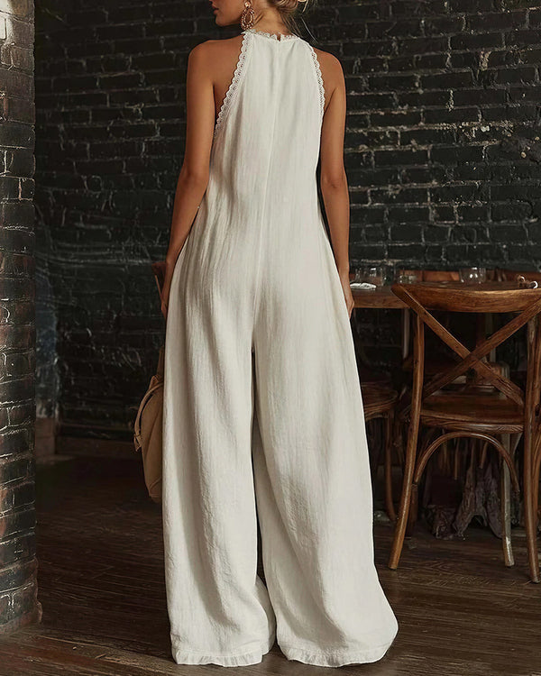 Curvvvy™ Boho Breeze Lace Trim Halter Wide Leg Jumpsuit