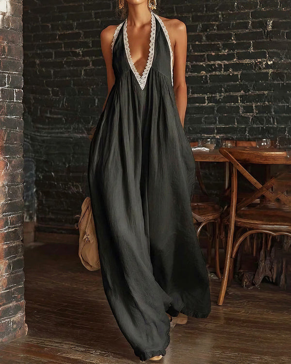 Curvvvy™ Boho Breeze Lace Trim Halter Wide Leg Jumpsuit
