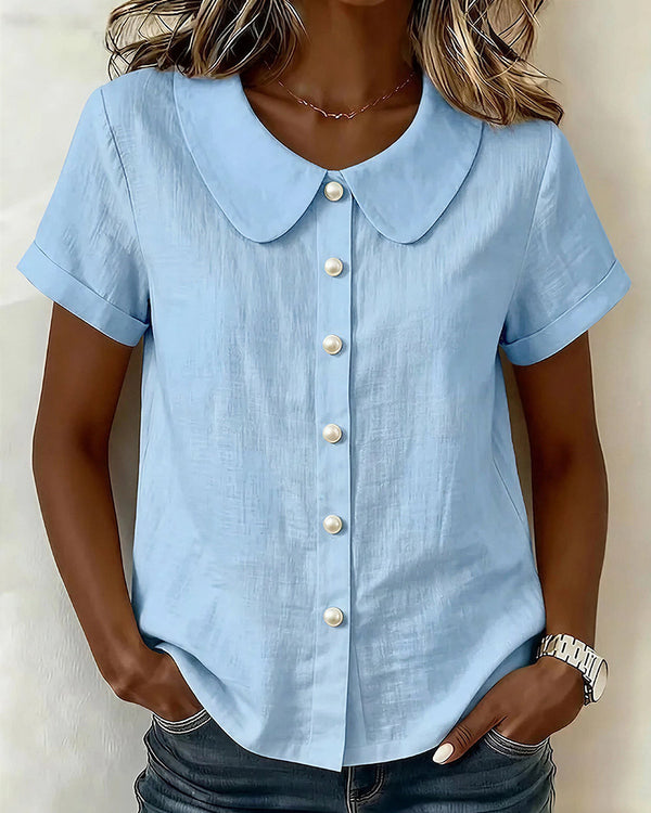 Curvvvy™ Casual Peter Pan Collar Short Sleeve Linen Button Down Shirt