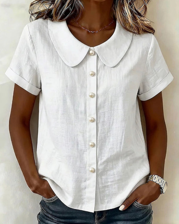 Curvvvy™ Casual Peter Pan Collar Short Sleeve Linen Button Down Shirt