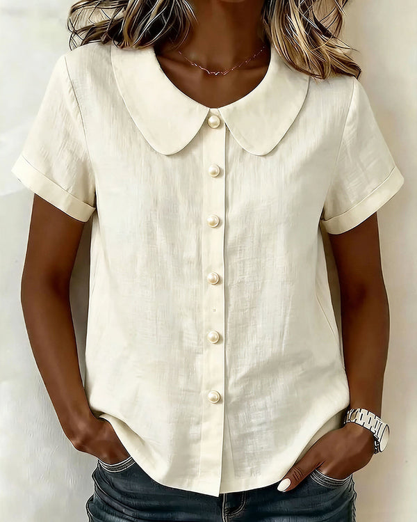 Curvvvy™ Casual Peter Pan Collar Short Sleeve Linen Button Down Shirt