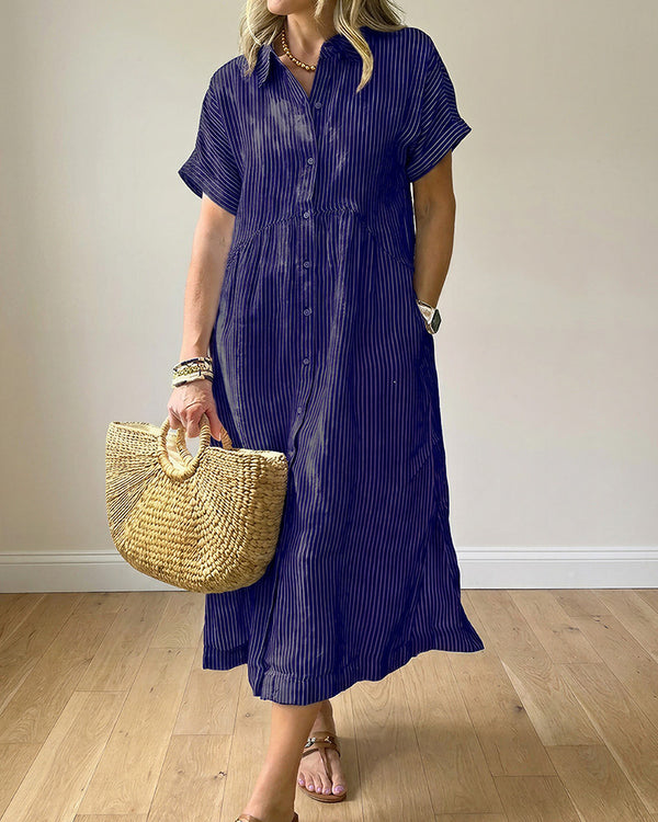 Curvvvy™ Casual Striped Short Sleeve Cotton Linen Shirt Midi Dress