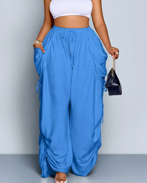 Curvvvy™ High Waisted Drawstring Wide Leg Linen Blend Casual Pants