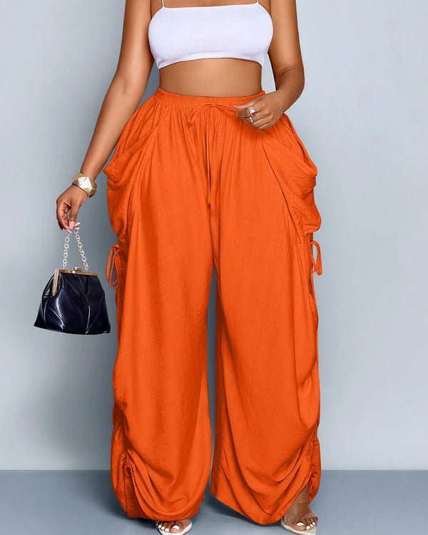 Curvvvy™ High Waisted Drawstring Wide Leg Linen Blend Casual Pants
