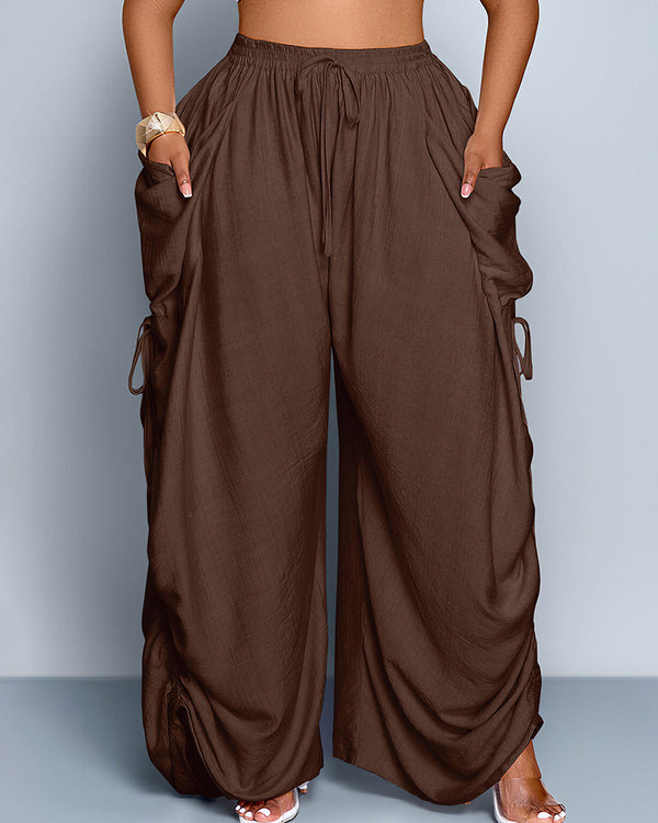 Curvvvy™ High Waisted Drawstring Wide Leg Linen Blend Casual Pants
