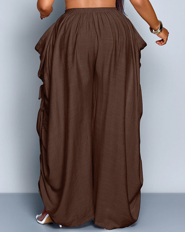 Curvvvy™ High Waisted Drawstring Wide Leg Linen Blend Casual Pants