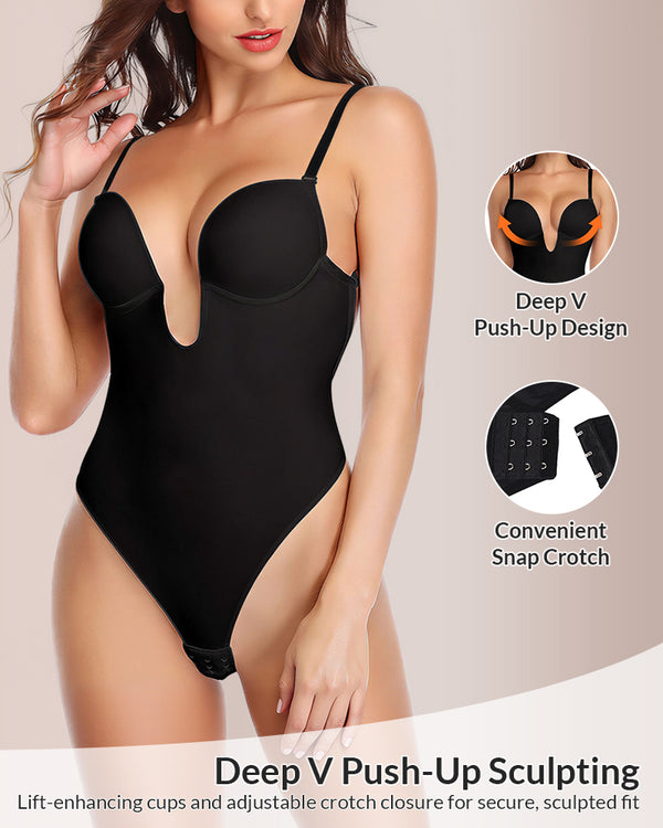 Curvvvy® Deep Plunge Backless Thong Bodysuit Shapewear