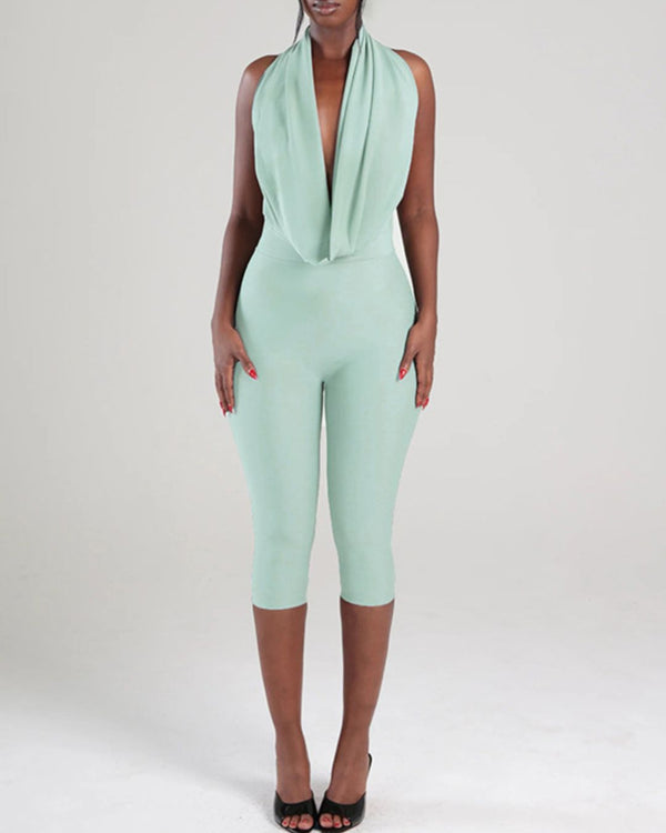 Curvvvy™ Halter Wing Neck Backless Bodycon Jumpsuit