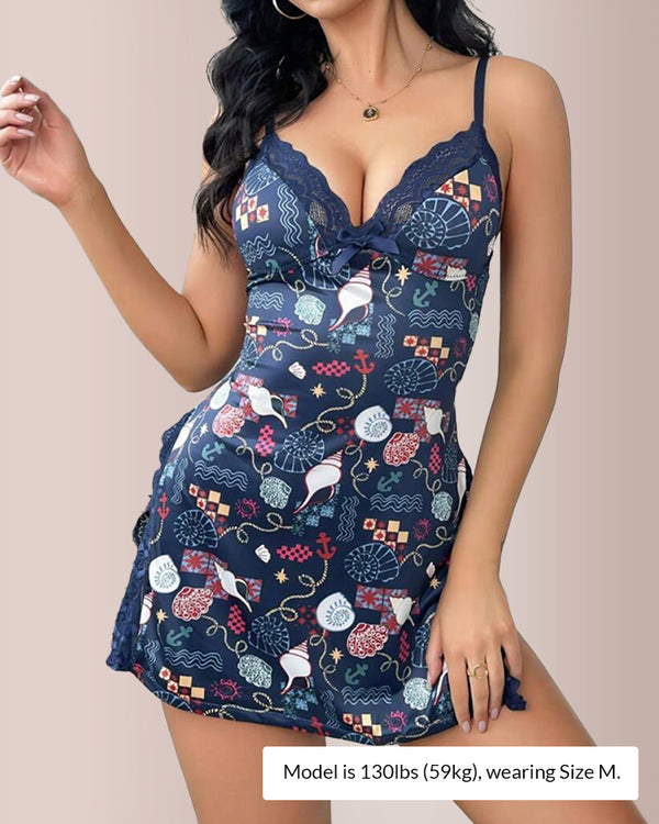 Curvvvy® DreamWear – Lace Trim Slit Bowknot Sleep Dress