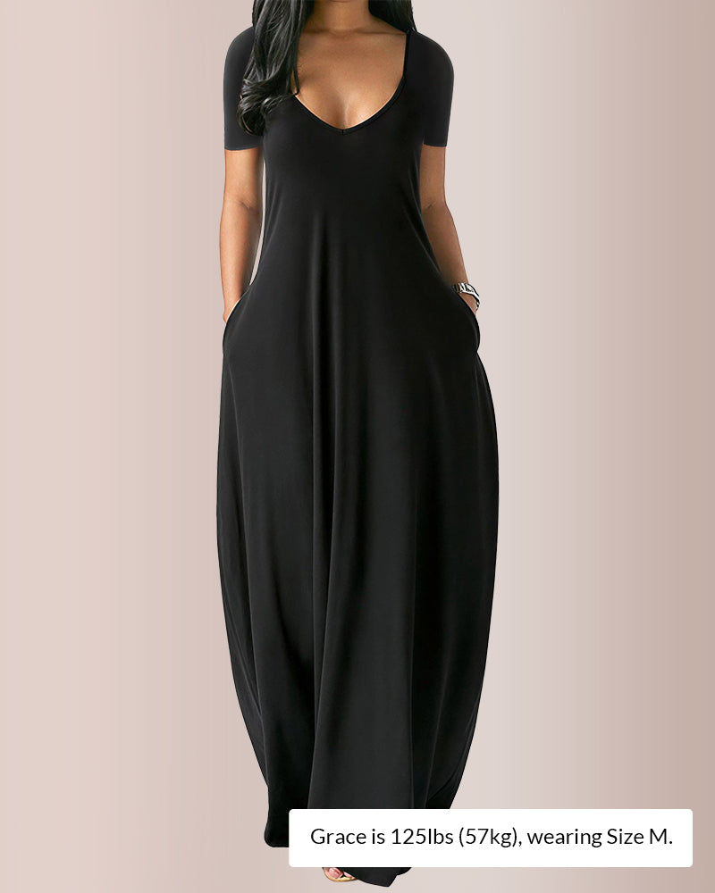 loose fitting plus size maxi dresses Curvvvy™ Plus Size V-Neck Loose Fit Maxi Dress with Pockets