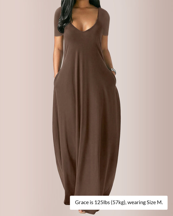 Curvvvy® Plus Size V-Neck Loose Fit Maxi Dress with Pockets