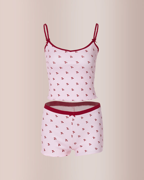 Curvvvy® Women's Cherry Print Contrast Binding Pyjama Set