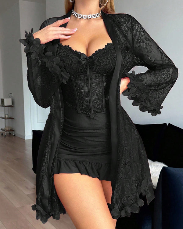 Curvvvy® Midnight Bloom 2-piece sheer lace & floral lingerie set
