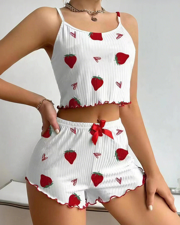 Curvvvy® Sweetheart Ruffle Trim Ribbed Cami Pajama Set