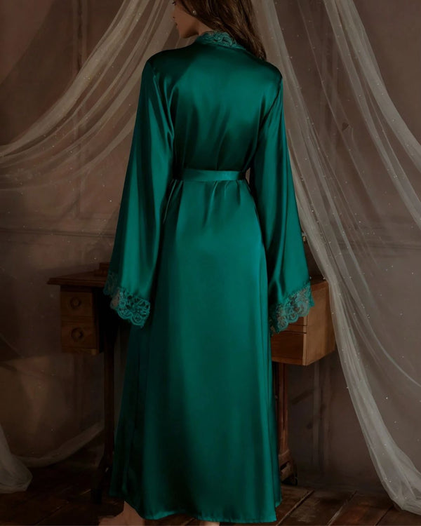Curvvvy® Elegant Satin Robe Soft Lace Trim Flared Long Sleeves Silky
