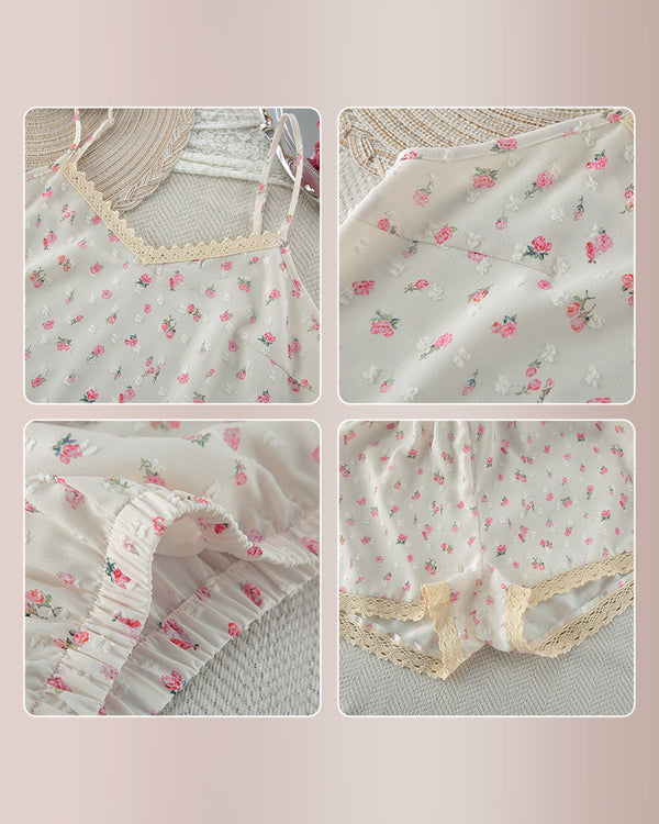 Curvvvy® Romantic Floral Swiss Dot Cami & Shorts Pajama Set with Lace Trim