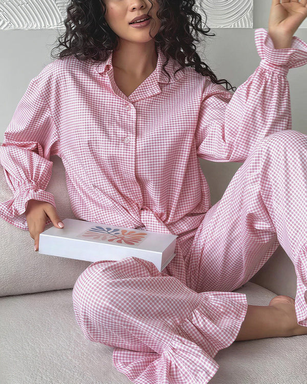 Curvvvy® Sweetheart Pink Plaid Ruffle 2-Piece Loungewear Set