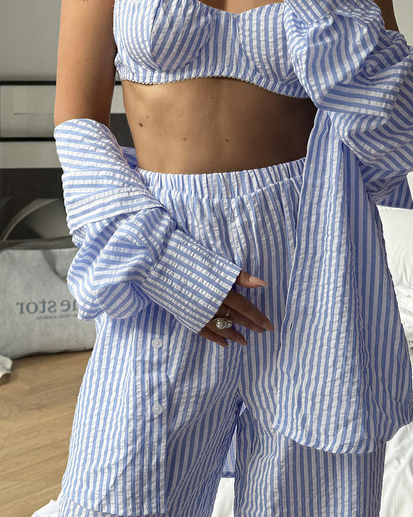 Curvvvy™ Striped 3-Piece Lounge Set - Shirt, Bralette & Pants
