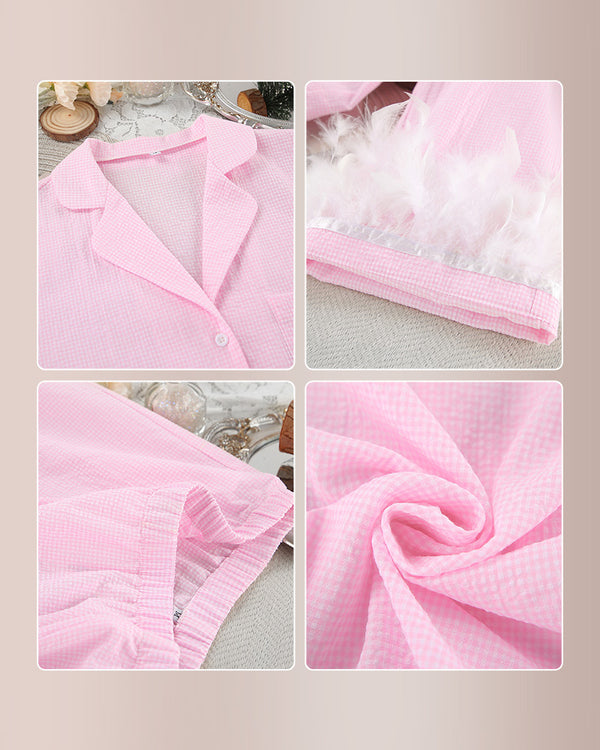 Curvvvy™ Feather Trim Gingham Long Sleeve Pajama Set
