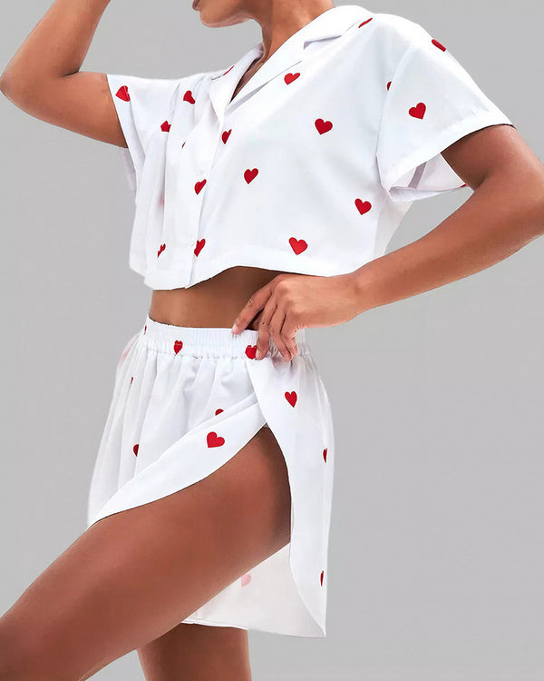 Curvvvy™ Sweetheart Cropped Pajama Set - Heart Print Loungewear