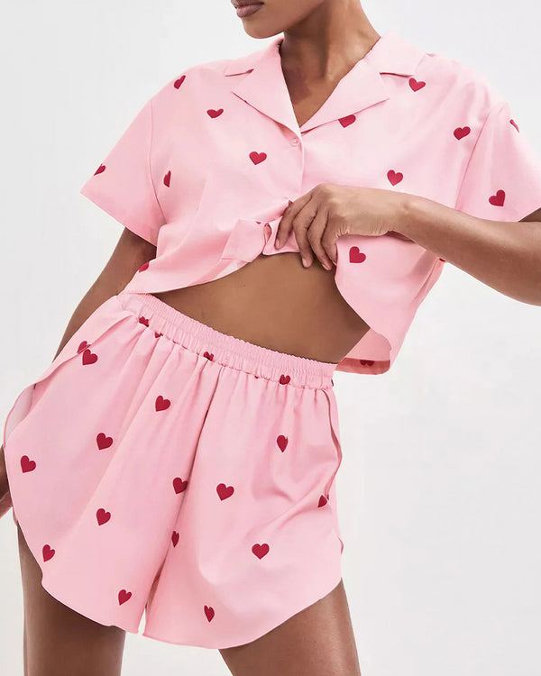Curvvvy™ Sweetheart Cropped Pajama Set - Heart Print Loungewear