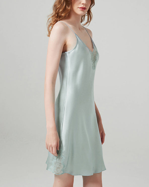 Curvvvy™ 100% Mulberry Silk V-Neck Lace Slip Dress Nightgown