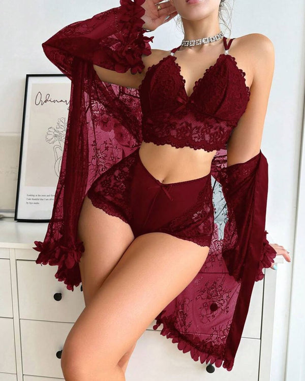Curvvvy™ BlossomLace Sheer Lace Sleepwear 3-Piece Set