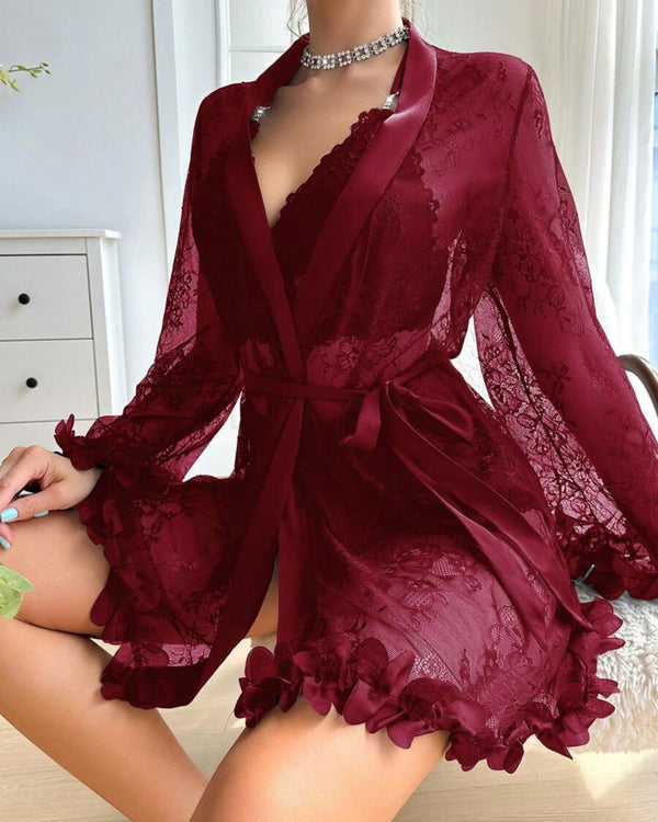 Curvvvy™ BlossomLace Sheer Lace Sleepwear 3-Piece Set