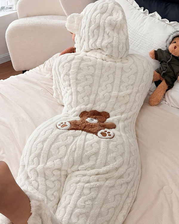 Curvvvy™ Gemütlicher Plüsch-Overall mit Bärenohren-Kapuze