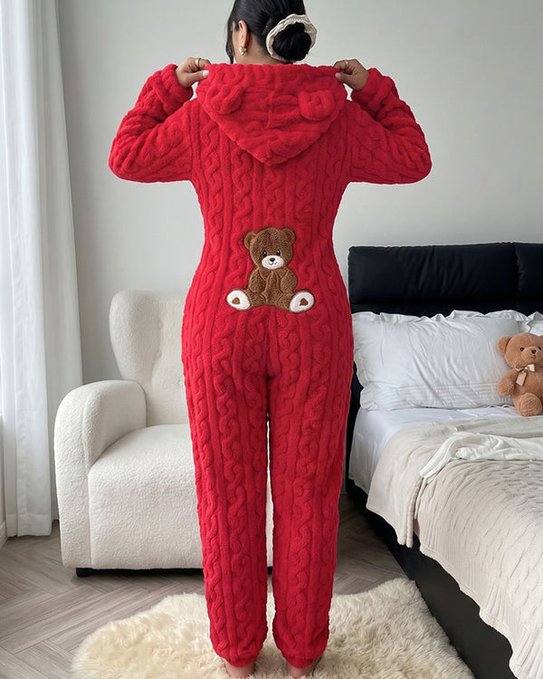 Curvvvy™ Gemütlicher Plüsch-Overall mit Bärenohren-Kapuze