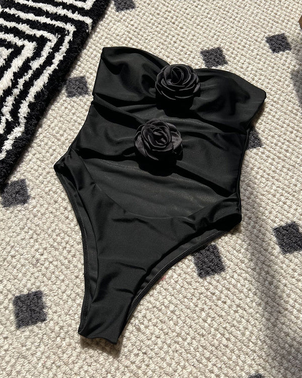 Curvvvy®Tricolore Strapless Floral Appliqué One-Piece Swimsuit