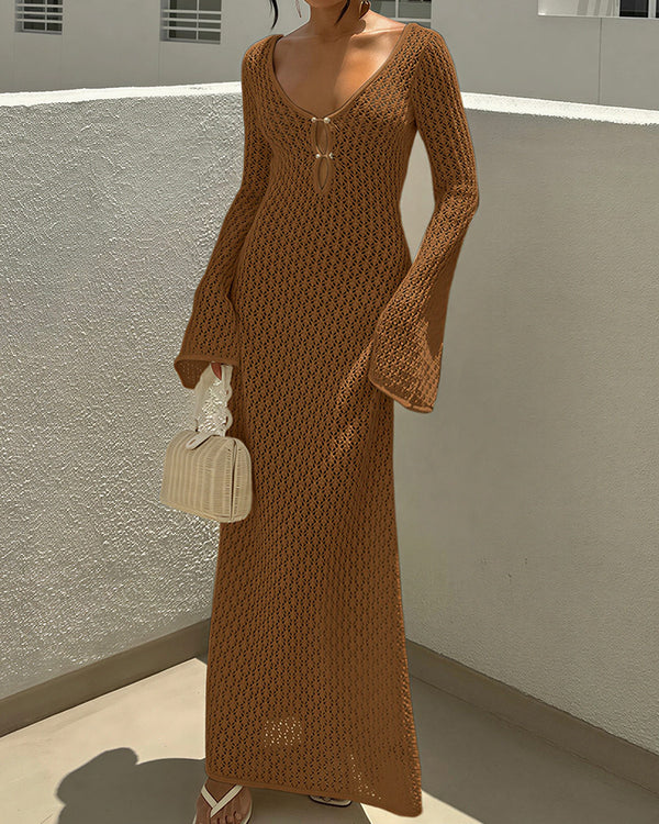 Curvvvy® Bohemian Crochet Long Sleeve Maxi Beach Cover-Up Dress