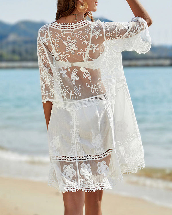 Curvvvy® V-Neck Lace Crochet Bikini Cover Up With Tassels