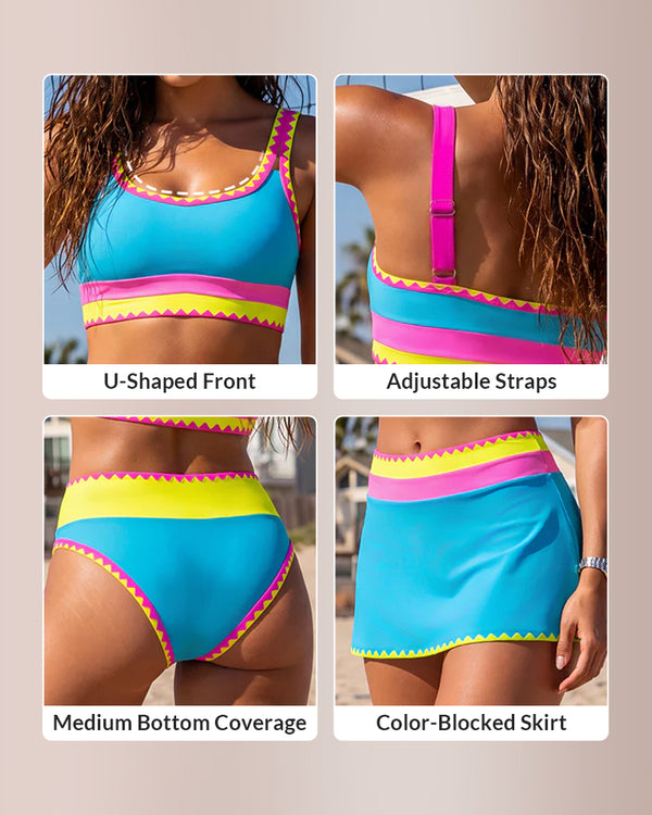 Curvvvy™ Neon Color Block 3-Piece High-Waisted Bikini Set With Skirt