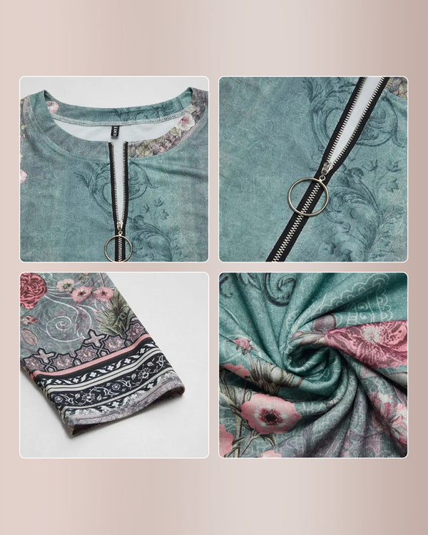 Curvvvy® Floral Print Ring Zip Up Round Neck Long Sleeve T-Shirt