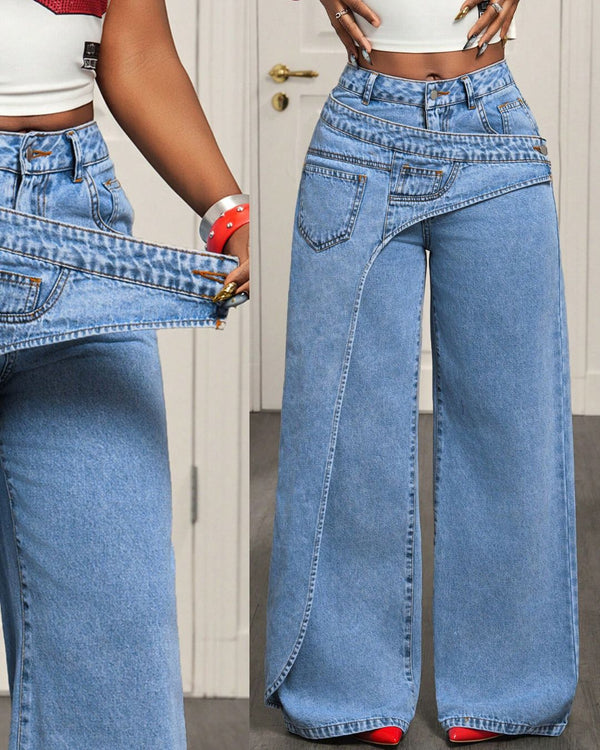 Curvvvy™ Jeans a Gamba Larga con Bottoni e Tasca Asimmetrica