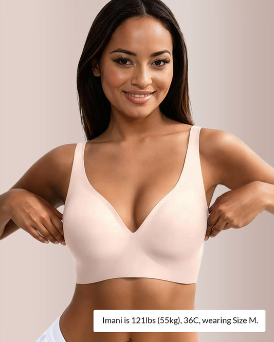 Best deep-V wireless bra for fall wrap coats — jelly-cup support at plunge depth, invisible under lapel gap, seamless under knits. Plus-size S-4XL.