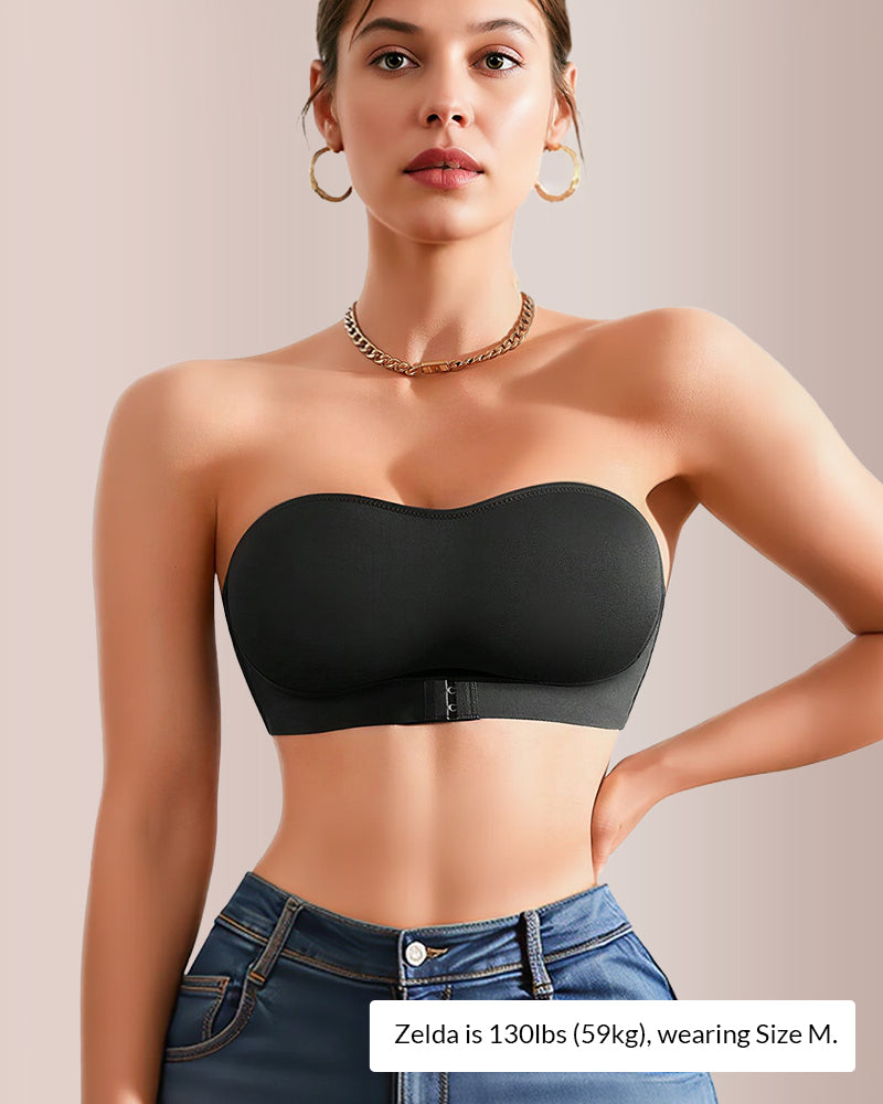 Curvvvy seamless front-closure strapless bandeau bra in nude, no-slip wedding-guest bra for plus size